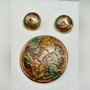 Vintage Kramer Enamel  Brooch and clip Earring Set
